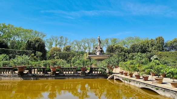 A beautiful garden landscape features a decorative fountain surrounded by lush greenery and tall trees. Numerous potted plants line a stone balustrade next to a reflecting pond, which mirrors the clear blue sky above.
