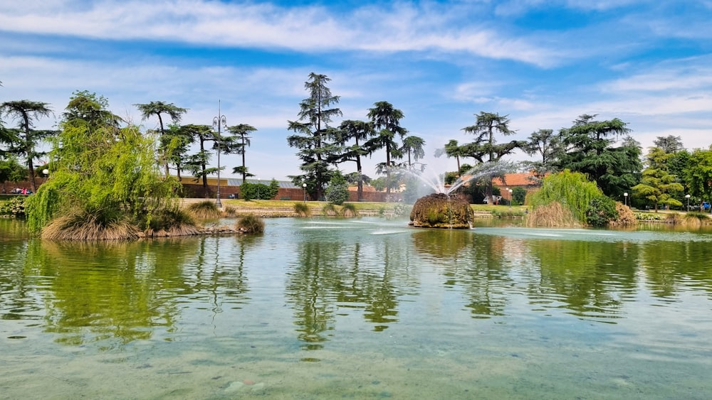 a pond with a fountain surrounded by trees