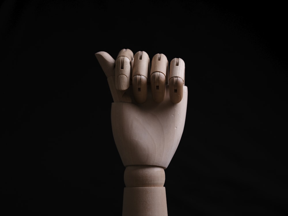 a wooden sculpture of a hand with five fingers