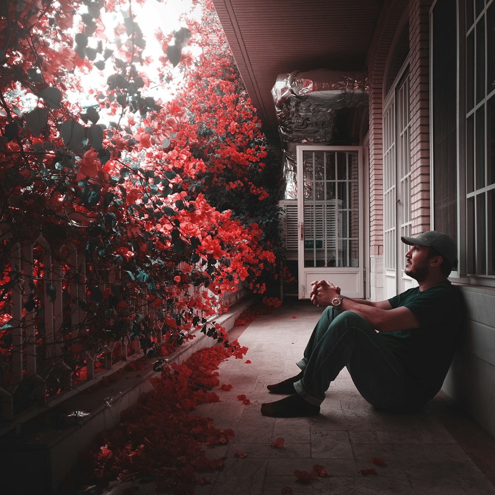 a man sitting on a porch next to a red tree