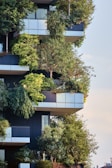 An apartment building featuring balconies lushly decorated with abundant greenery and trees, blending architecture and nature harmoniously.