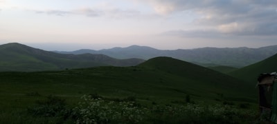 Rolling green hills stretching into the distance under a soft, cloudy sky.