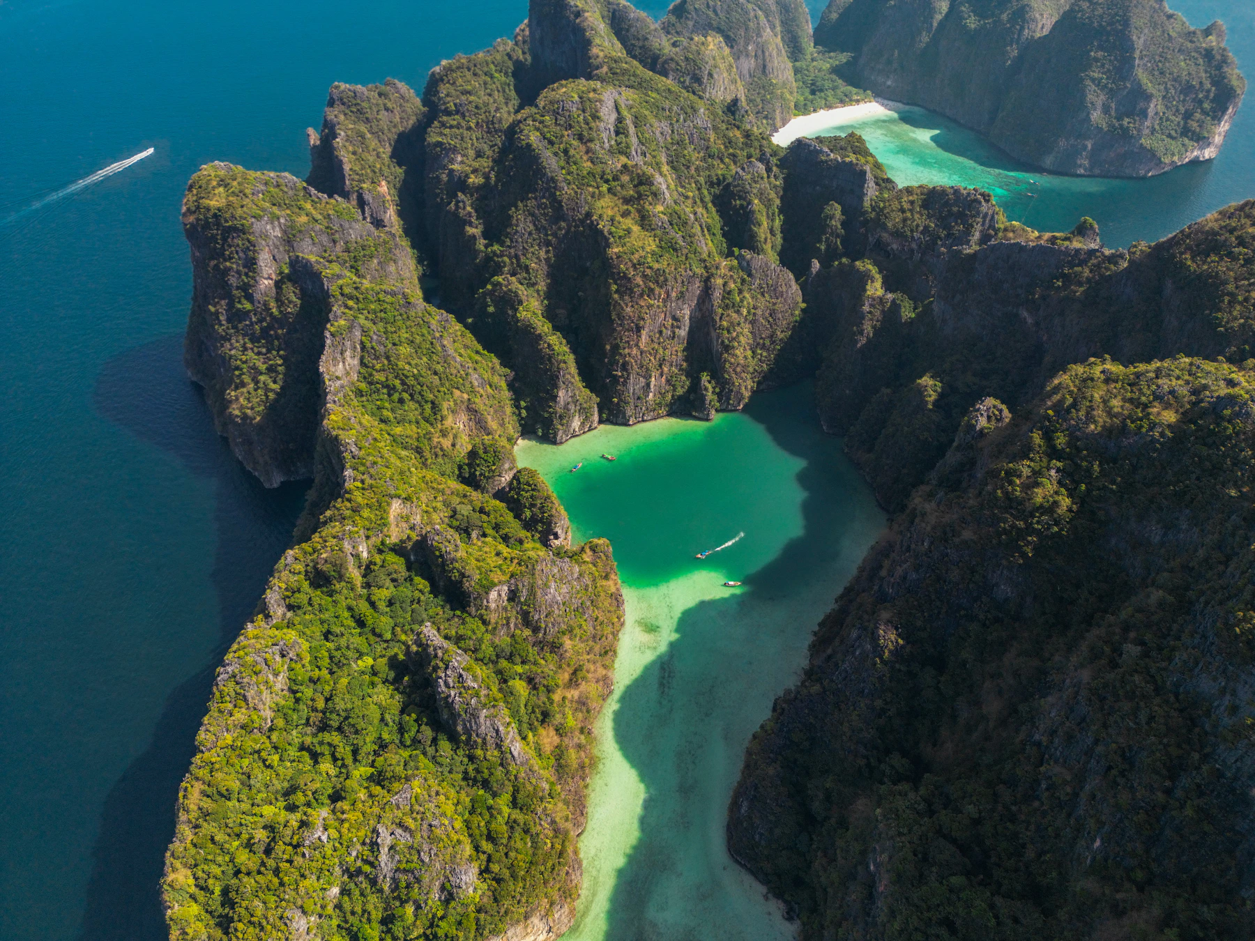 Aerial view of Pileh Lagoon and Maya Bay in the Phi Phi Islands, Krabi, Thailand