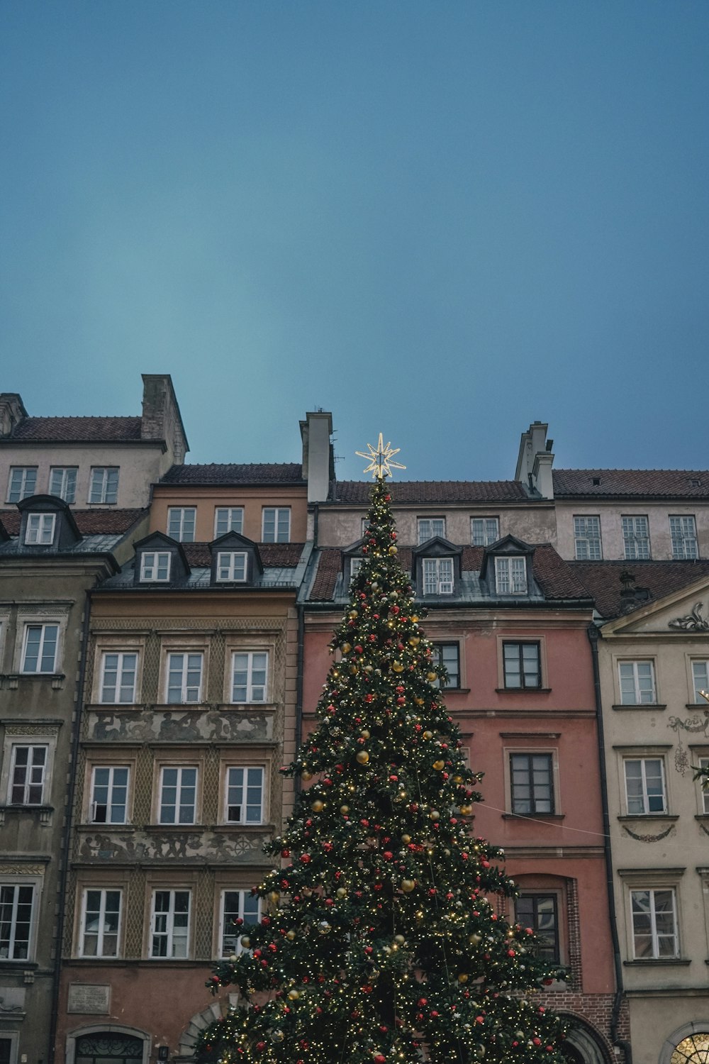 a large christmas tree in front of a building