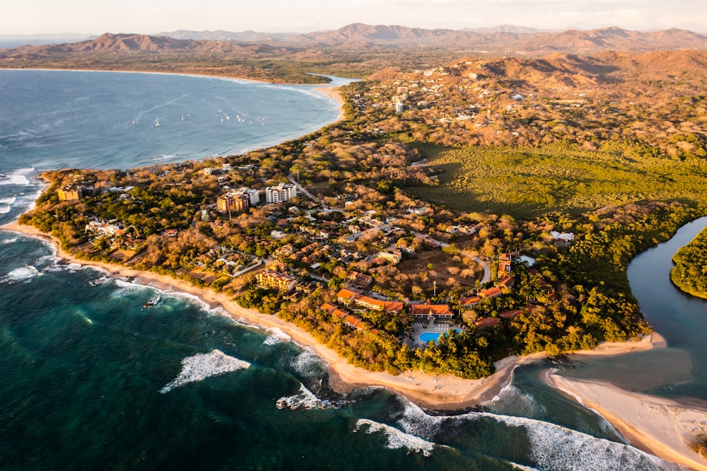 an aerial view of a tropical island with a beach