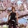 A detailed anime-style figurine is seated on a tree branch surrounded by blossoming pink cherry blossoms. The figurine wears a dark vest and pants, featuring intricate designs on its outfit. The background includes a clear blue sky and a hint of a distant, blurred landscape.