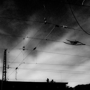 Black and white image depicting power lines and infrastructure set against a cloudy sky. The silhouette of a building with elements like a ladder and wires is visible, creating an industrial feel.
