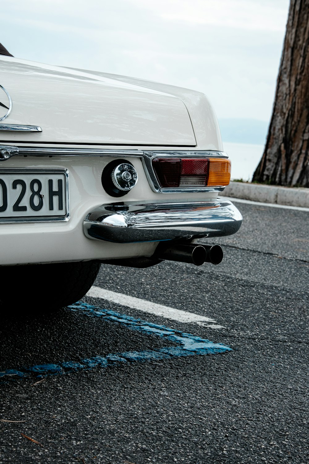 a white car parked in a parking lot next to a tree