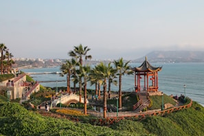 a view of the ocean with palm trees and a pagoda in the foreground