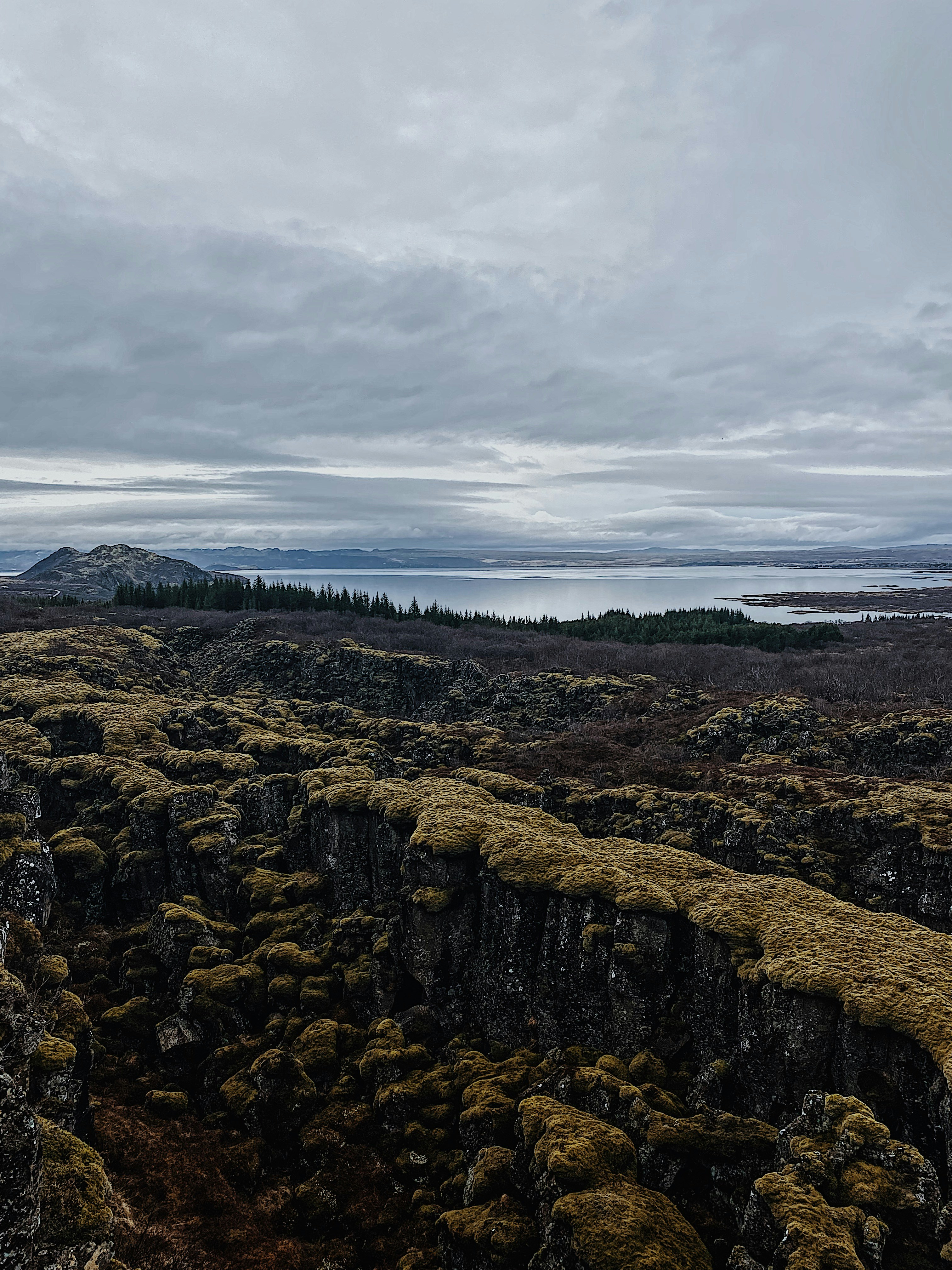 a rocky landscape with a body of water in the distance