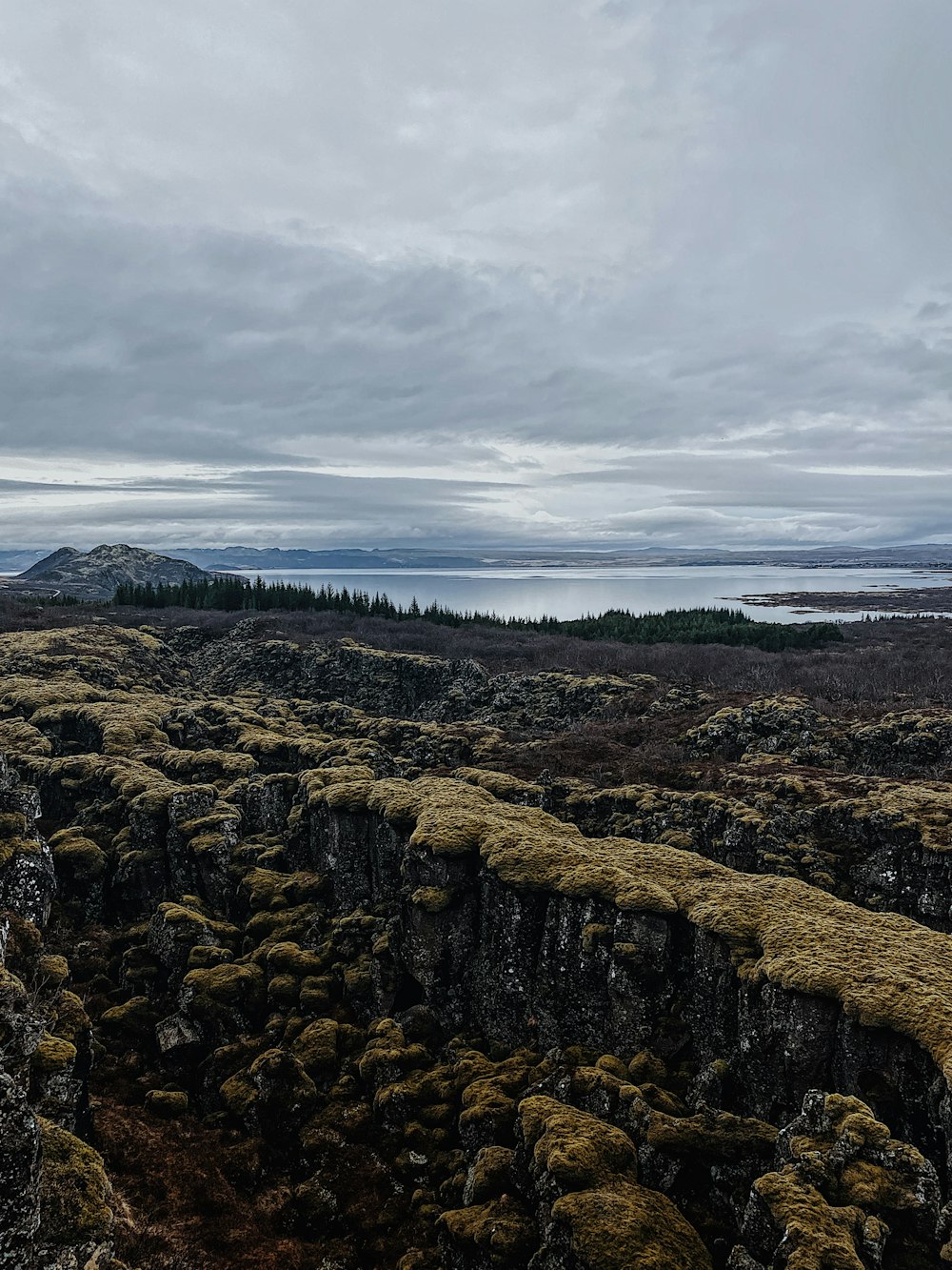 a rocky landscape with a body of water in the distance