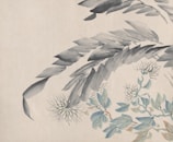 Delicate watercolor painting featuring large leaves and intricately detailed flowers. The leaves are shaded with soft grays and blues, while the flowers are depicted with fine lines and subtle blue and tan tones.