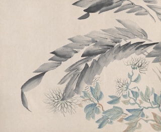Delicate watercolor painting featuring large leaves and intricately detailed flowers. The leaves are shaded with soft grays and blues, while the flowers are depicted with fine lines and subtle blue and tan tones.