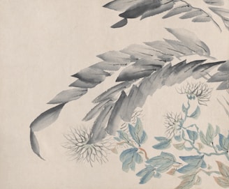 Delicate watercolor painting featuring large leaves and intricately detailed flowers. The leaves are shaded with soft grays and blues, while the flowers are depicted with fine lines and subtle blue and tan tones.