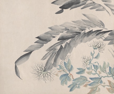 Delicate watercolor painting featuring large leaves and intricately detailed flowers. The leaves are shaded with soft grays and blues, while the flowers are depicted with fine lines and subtle blue and tan tones.