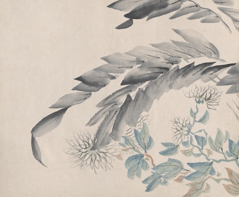 Delicate watercolor painting featuring large leaves and intricately detailed flowers. The leaves are shaded with soft grays and blues, while the flowers are depicted with fine lines and subtle blue and tan tones.