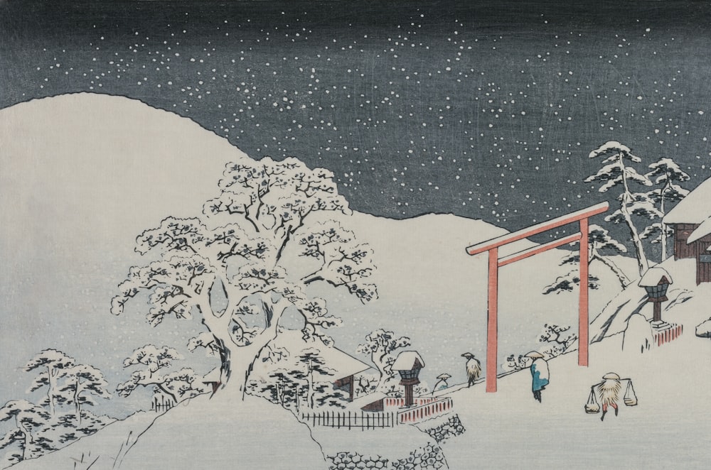 a painting of a snowy scene with a person on a sled