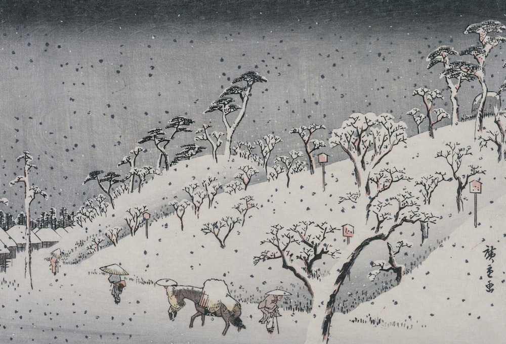 a painting of a snowy landscape with trees