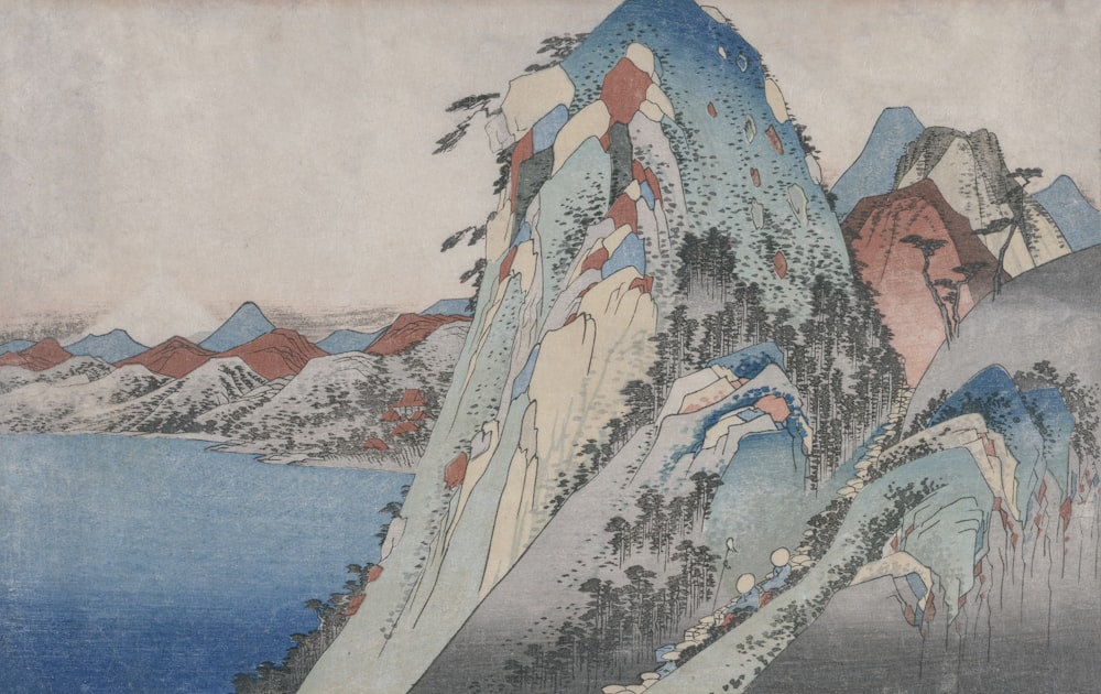 a painting of a mountain and a body of water