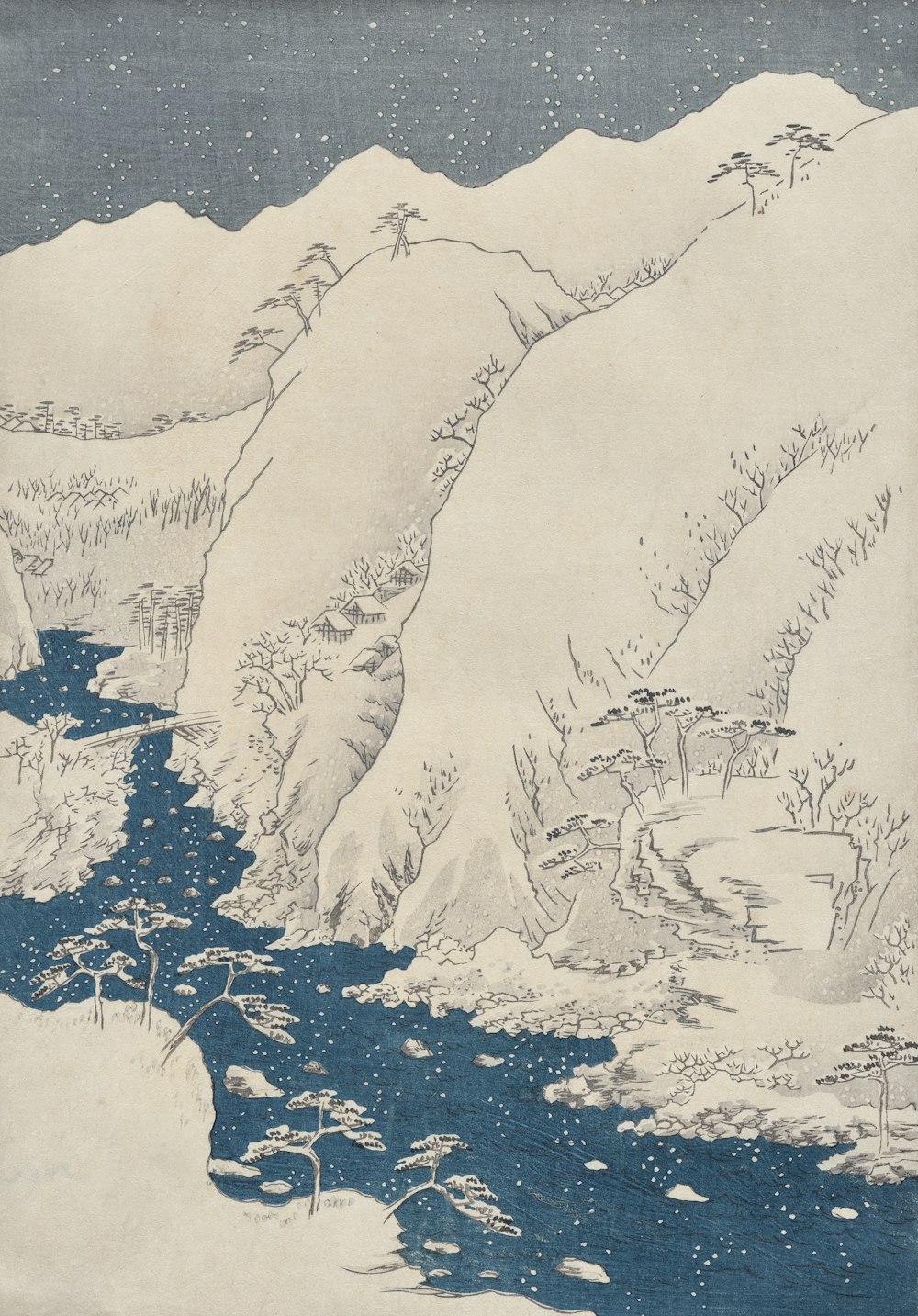 a drawing of a mountain with a river running through it