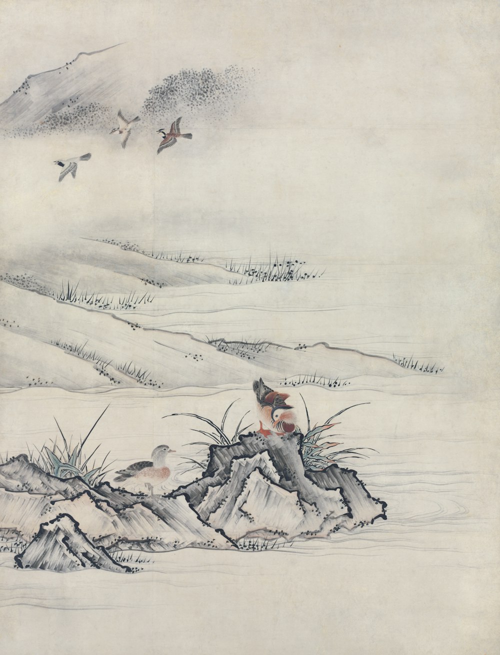 a drawing of birds flying over a snowy landscape