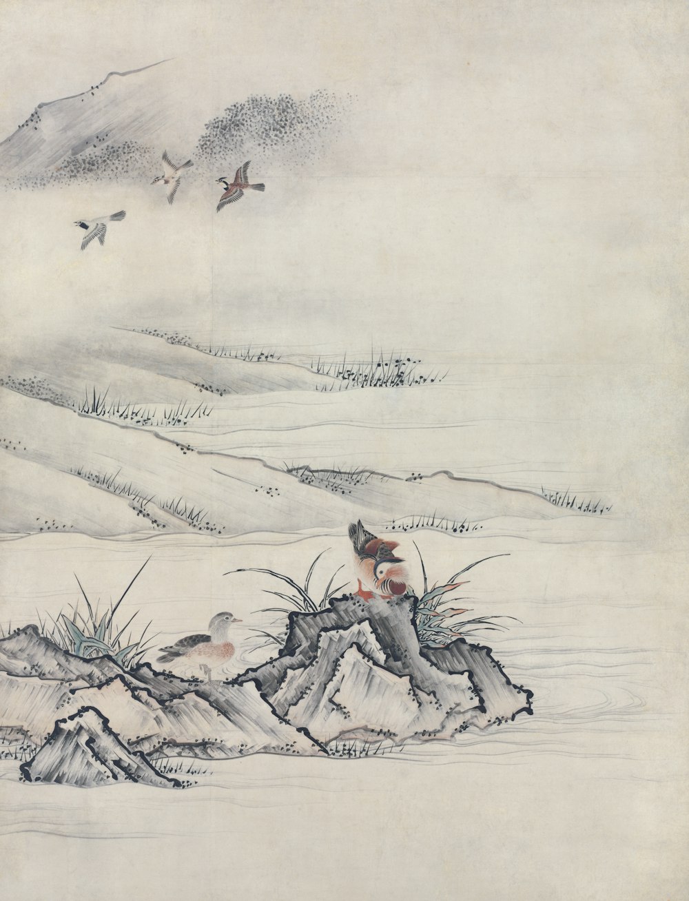 雪景色の上を飛ぶ鳥の絵