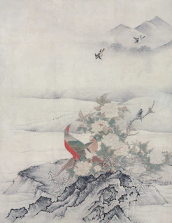A serene Bihar village scene painted with peacocks, trees, and floral designs inspired by folk heritage