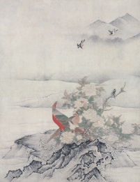 A traditional painting depicts a scene with a colorful pheasant standing on rocky terrain surrounded by blooming flowers and foliage. In the background, gentle hills fade into mist, while birds fly gracefully in the serene sky above.