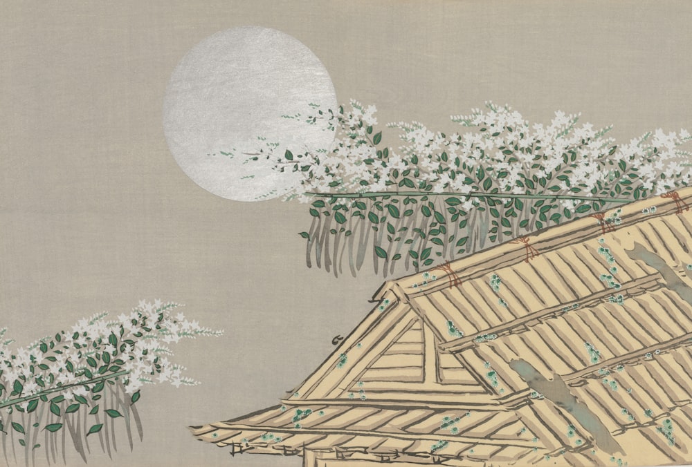 a painting of a house with a full moon in the background