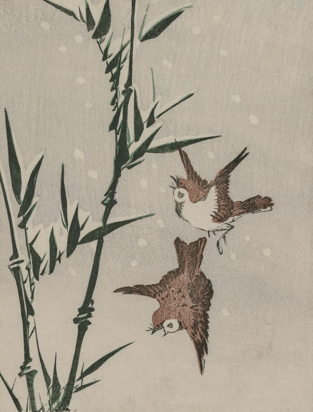 a painting of two birds flying over a bamboo tree