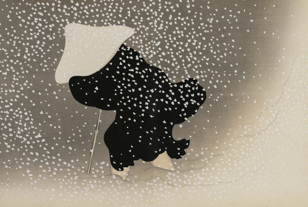 Un disegno di un orso che tiene una bandiera nella neve