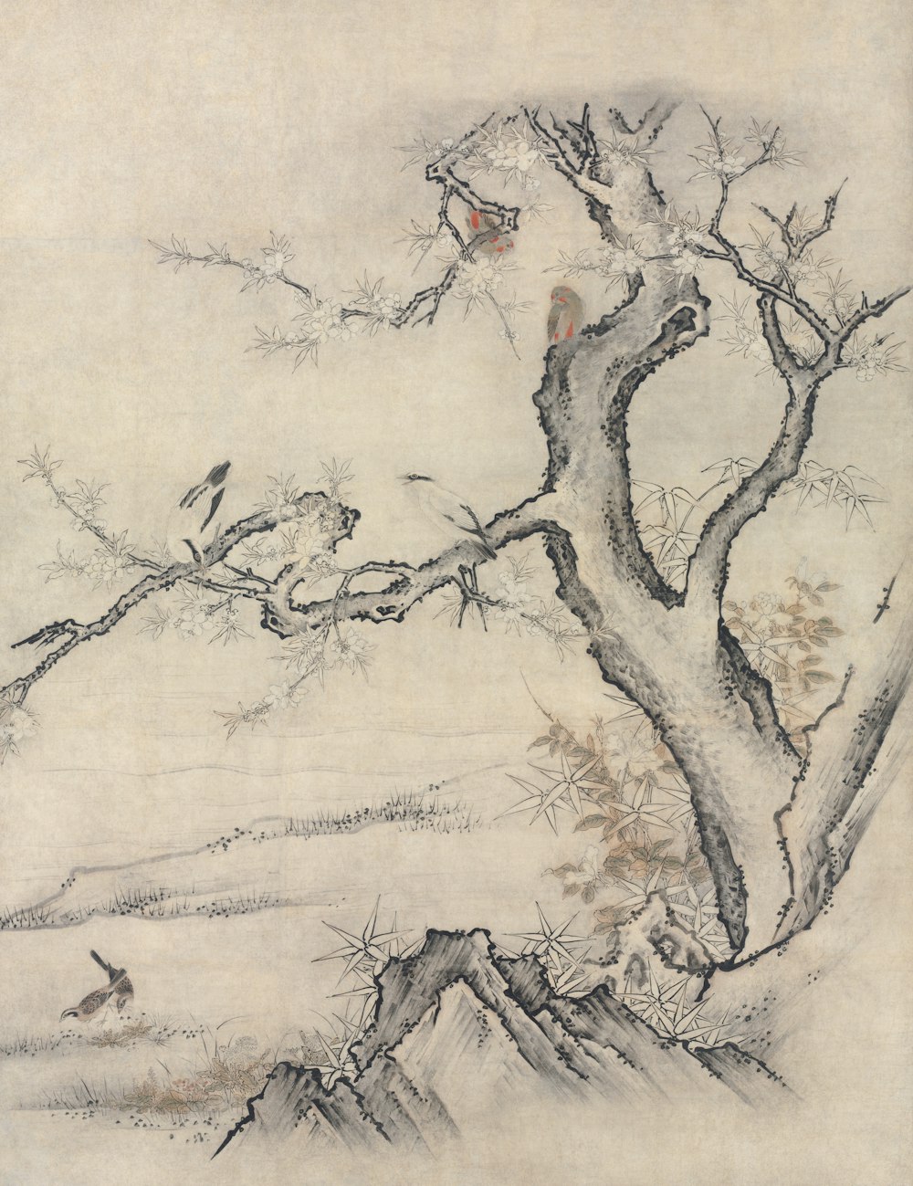 a drawing of a tree with a bird perched on it
