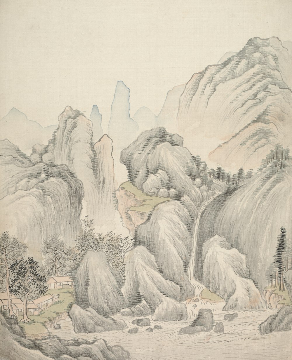 a drawing of a mountain landscape with trees