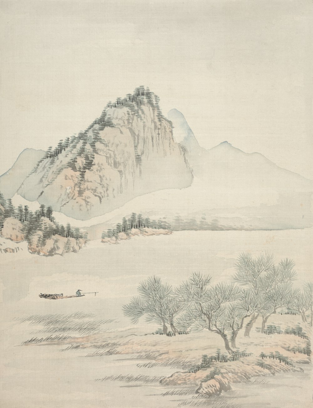 ein Gemälde eines Berges mit Bäumen im Vordergrund