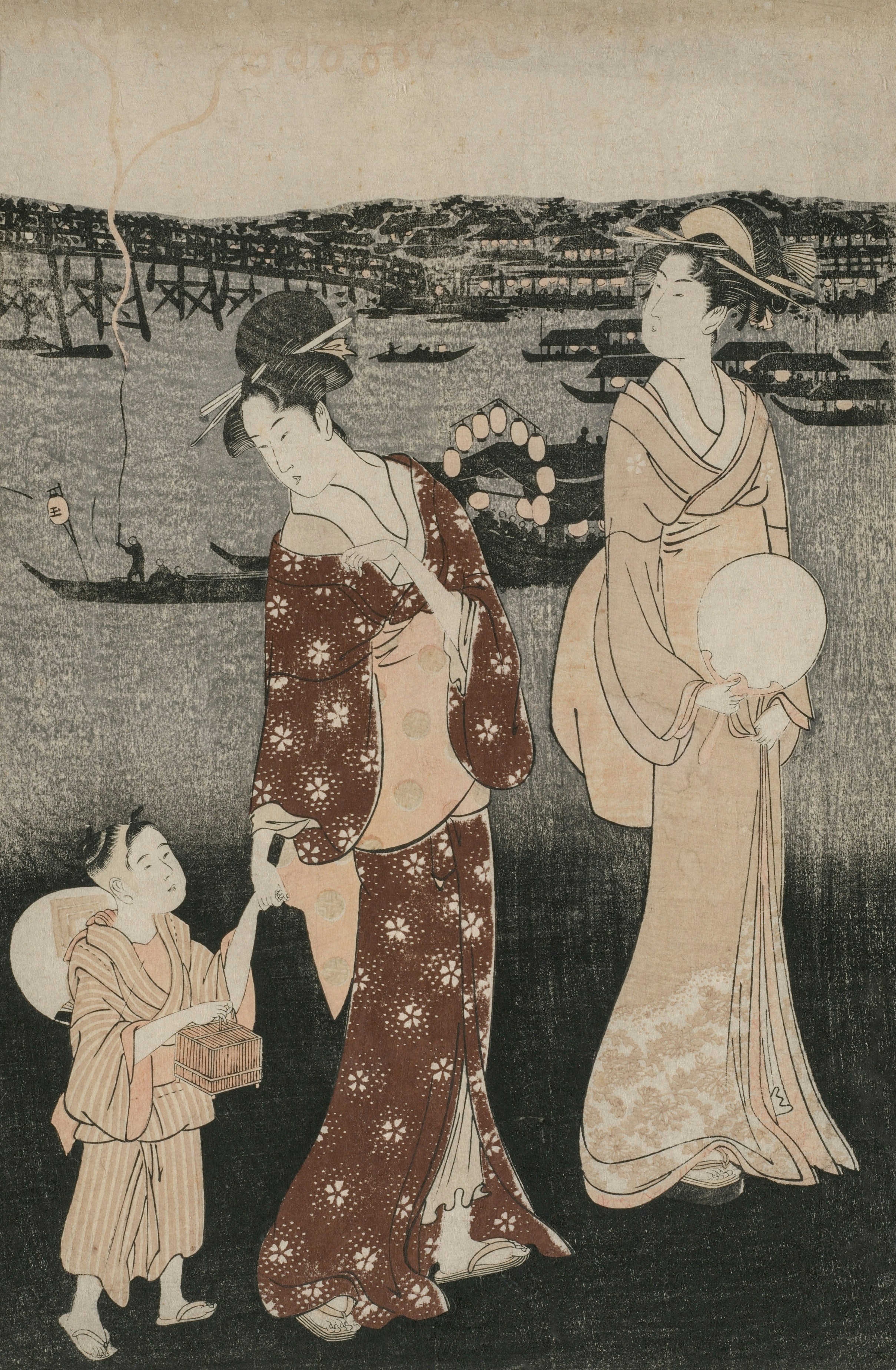 a painting of two women and a child