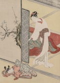 A traditional Japanese scene featuring a woman in an elegant kimono, standing beside a decorative folding screen. She is holding part of her kimono and extending a hand, possibly to open the screen. Nearby, a sleeping child is curled up on the floor, also dressed in a patterned garment. The setting includes a blossoming branch in the background, and the interior features muted tones and geometric patterns.