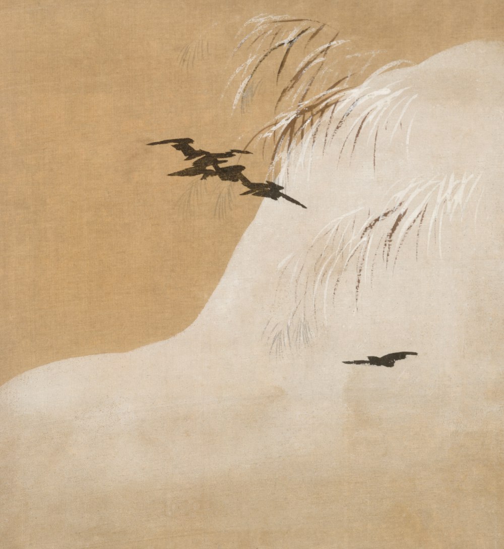a painting of birds flying over a hill