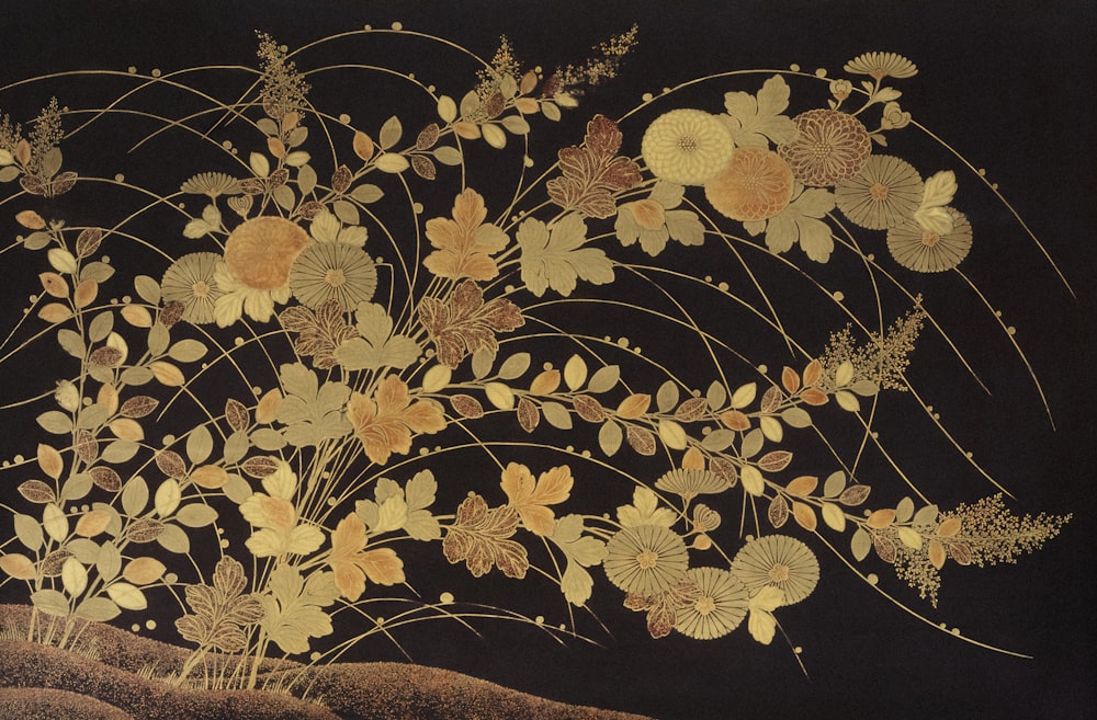 a painting of a bunch of flowers on a black background