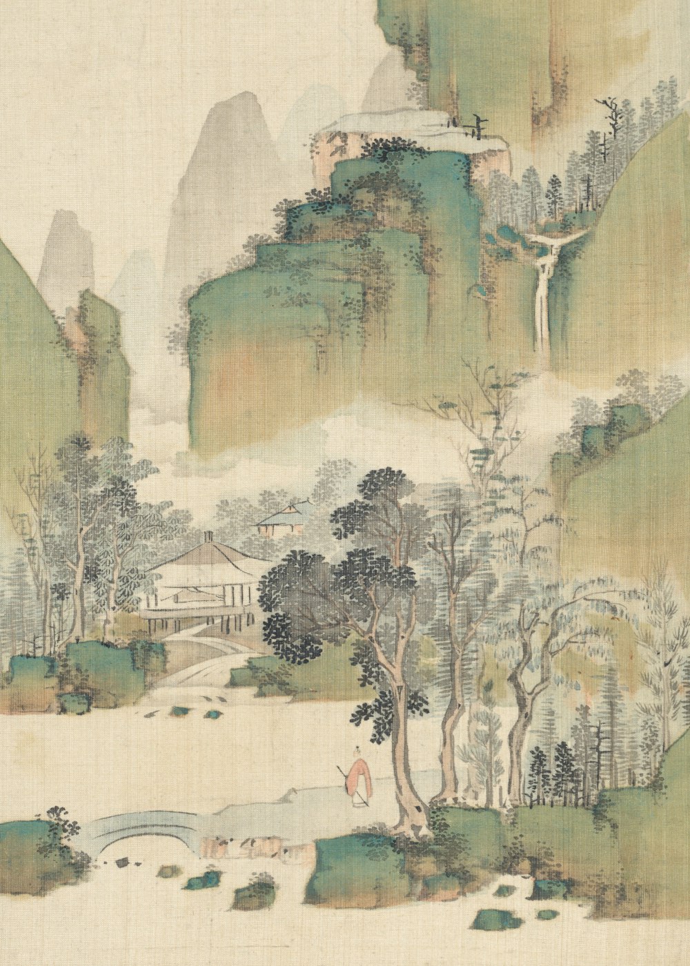 a painting of a mountain scene with a river running through it