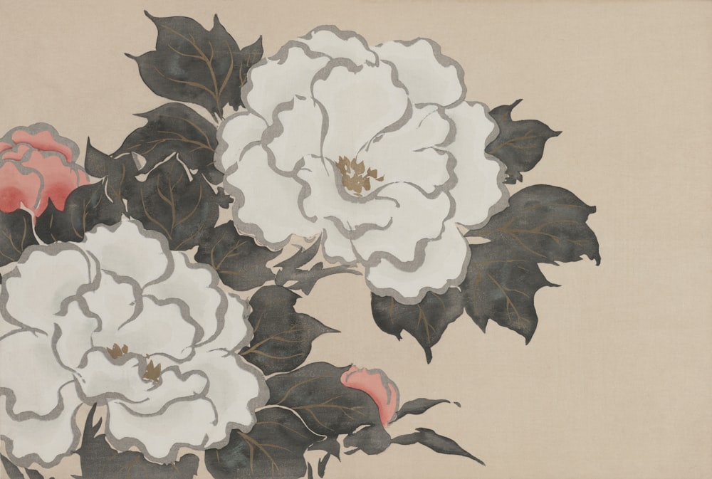 a painting of white and pink flowers on a beige background