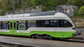 A modern passenger train with a sleek, aerodynamic design is stationed on the railway tracks. It is predominantly green and gray with the logo 'transN' visibly displayed on its side. The background consists of lush greenery and a rock wall.
