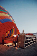 Close-up of a vibrant hot air balloon basket preparing for takeoff