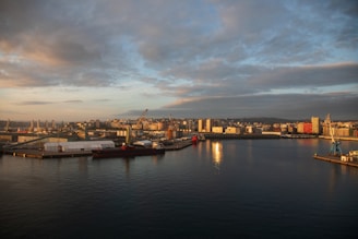 A vibrant view of the Harburger Binnenhafen with modern buildings and waterfront restaurants at sunset.