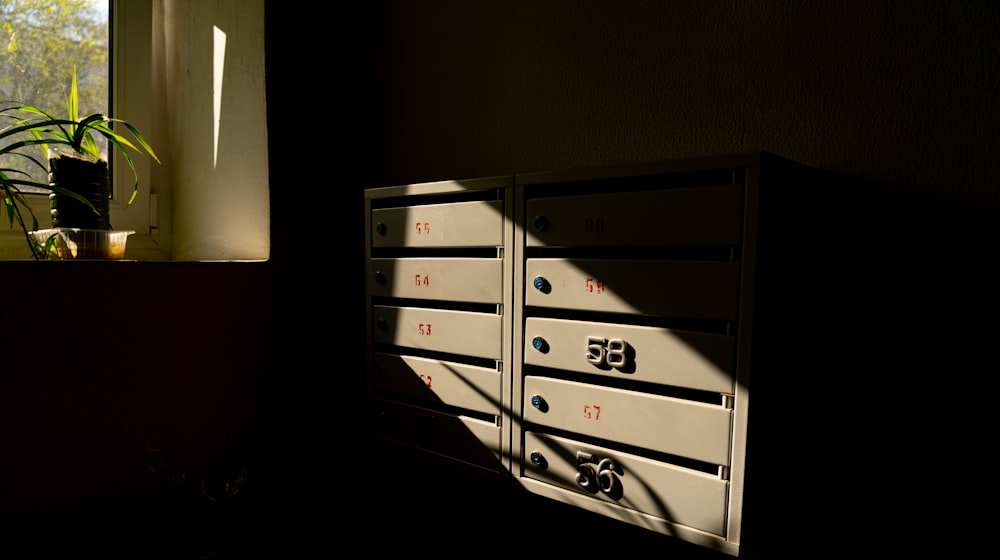 a mailbox sitting in the corner of a room