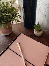 A close-up of a refined travel journal resting on a light wooden table beside a soft green plant.