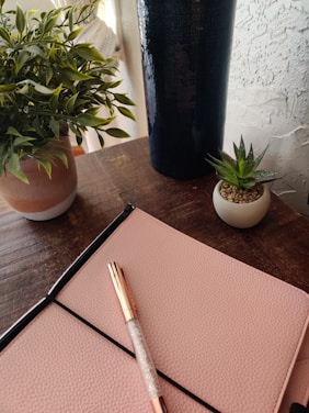 A vibrant display of handcrafted tumblers and notebooks on a wooden table.