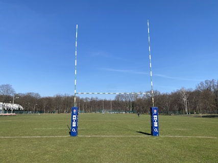 A rugby field with goalposts stands on a well-maintained green grass surface. The posts have protective padding, and there is a clear, blue sky overhead. The background shows trees lining the perimeter of the field.