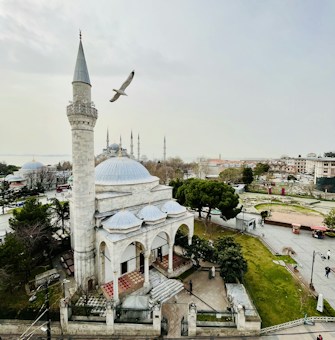A serene scene featuring a mosque with a central dome and surrounding smaller domes, flanked by a tall minaret. The mosque is situated in a green urban park area with trees, pathways, and people walking. In the background, another larger mosque with multiple minarets can be seen against a cloudy sky. A seagull is flying near the minaret.