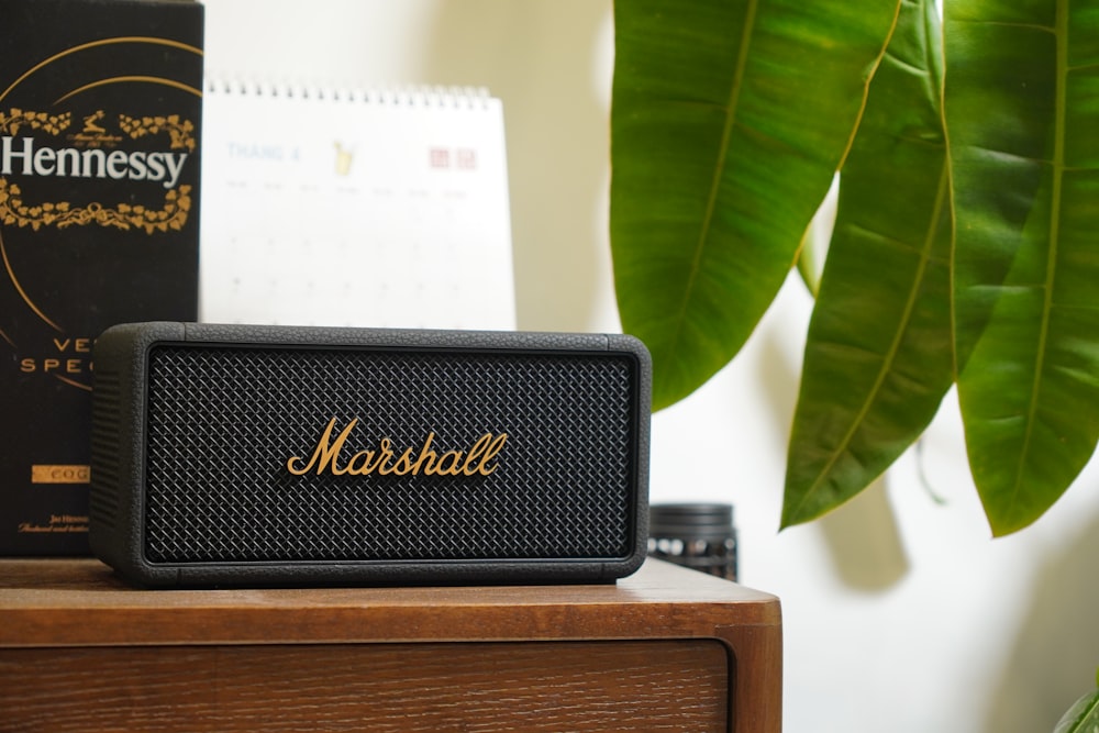 a close up of a radio on a table near a plant