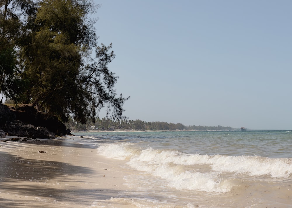 a sandy beach with waves coming in to shore